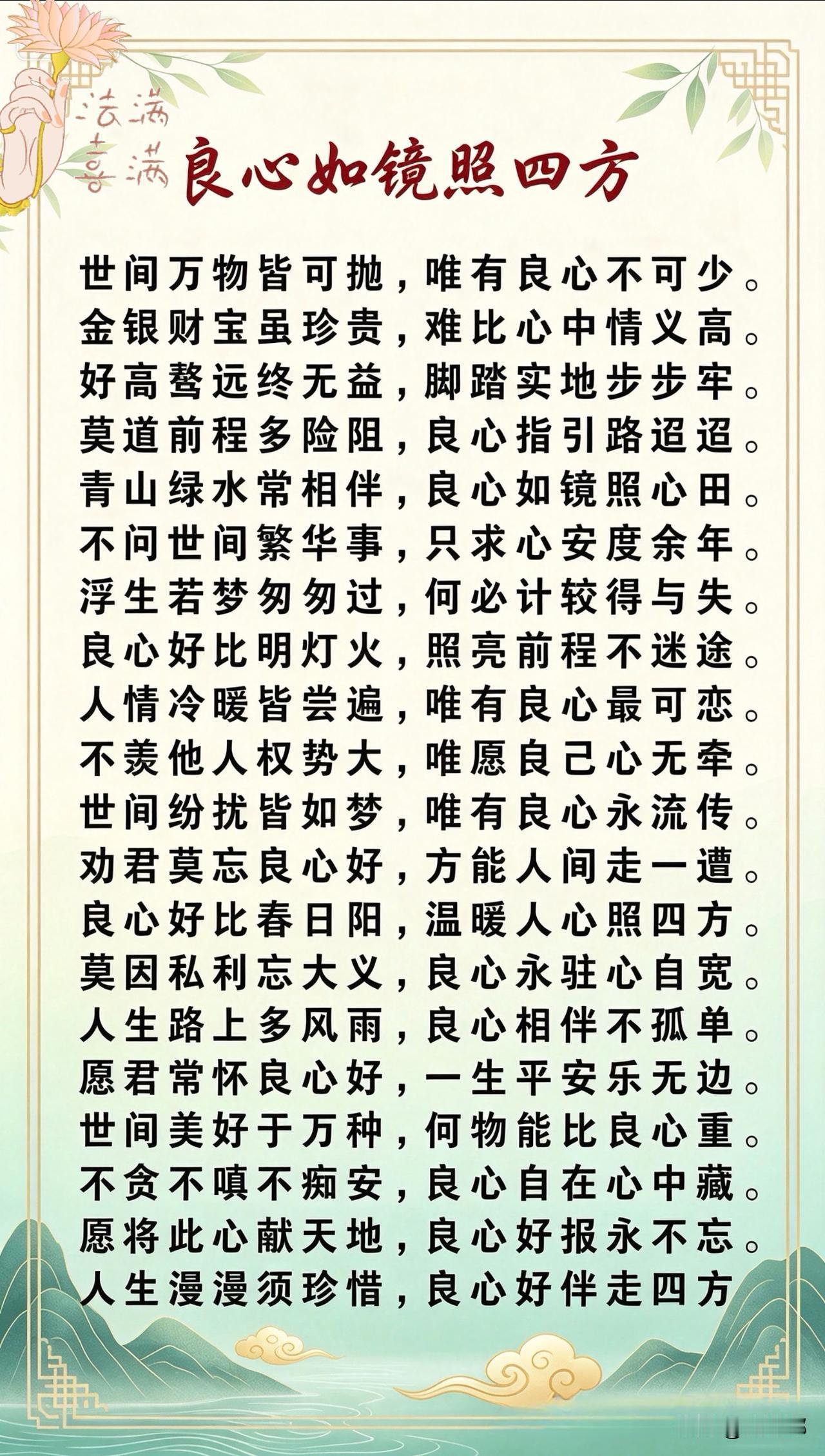 良心如镜照四方。[祈祷]你说良心抽象，它比什么都具体，你说它虚，可它又实实在在的