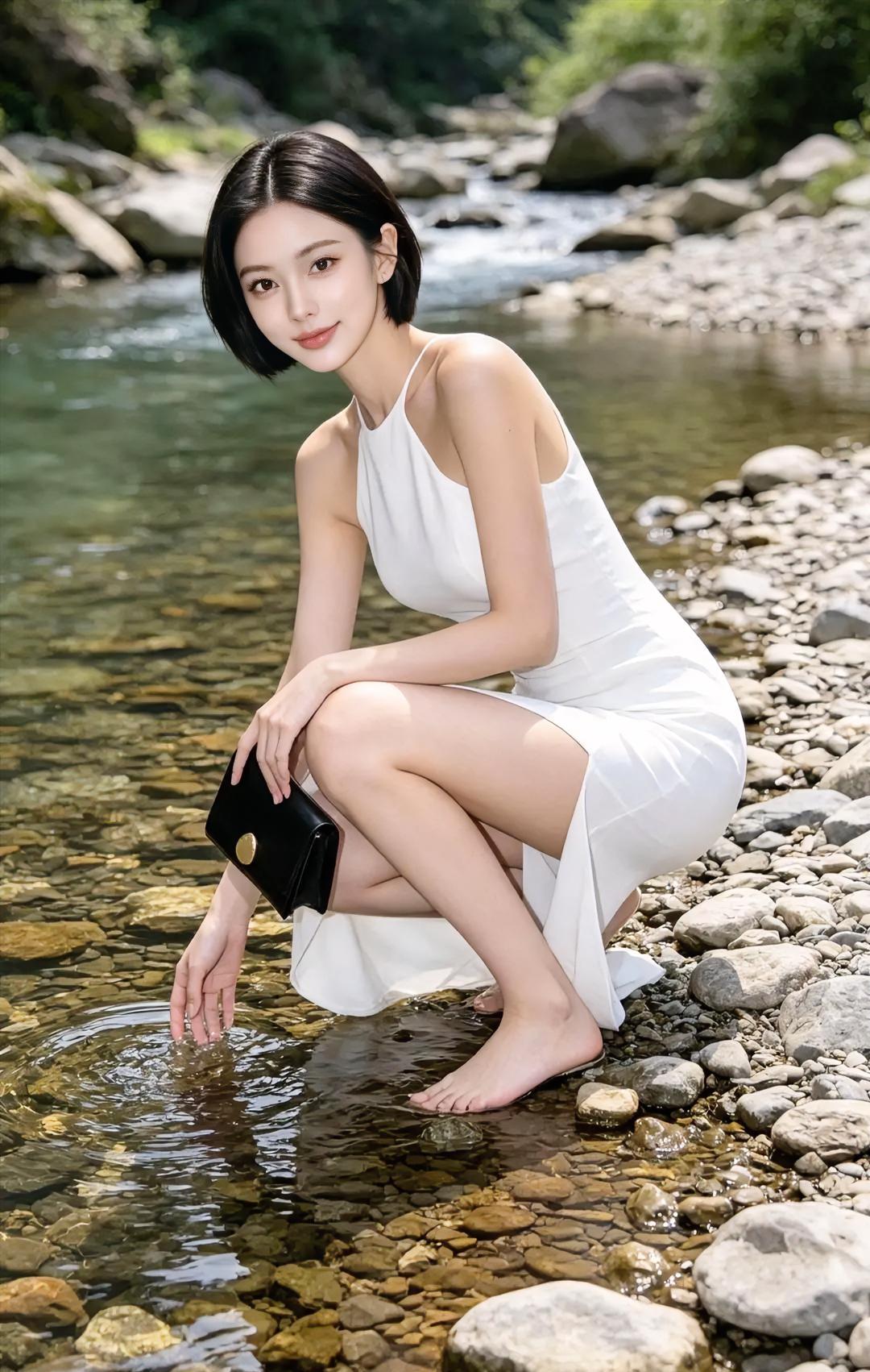 《溪边小憩》一袭白衣轻盈，蹲在清凉的溪边。指尖轻触流水，溅起夏日