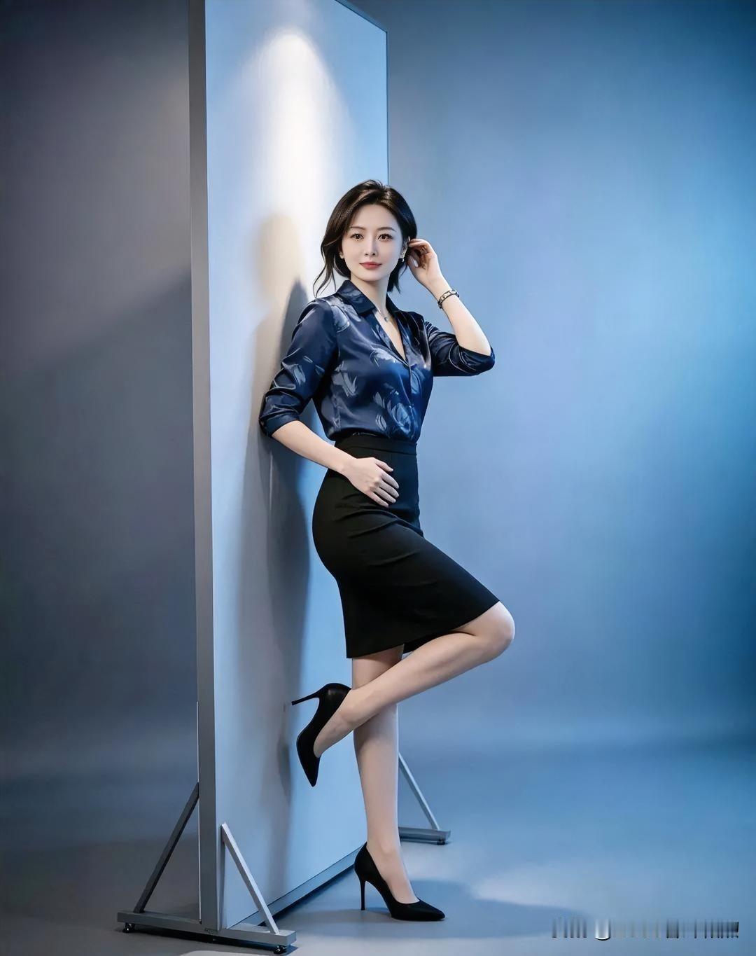 幽蓝底色晕染暗纹雅意，墨裙勾勒曼妙身姿。她倚光而立，于冷调空间里，将干练与柔婉，
