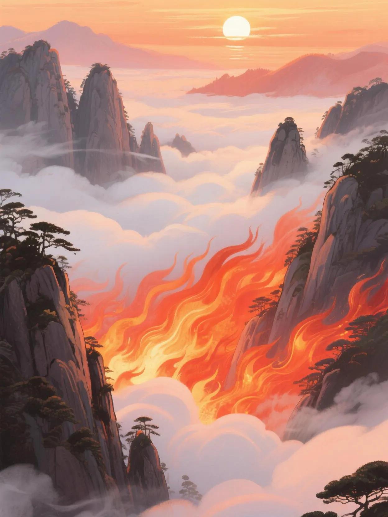 夕阳为黄山的云雾注入生命，橙红色的云海在山谷间奔涌，时而化作燃烧的火焰，时而幻作