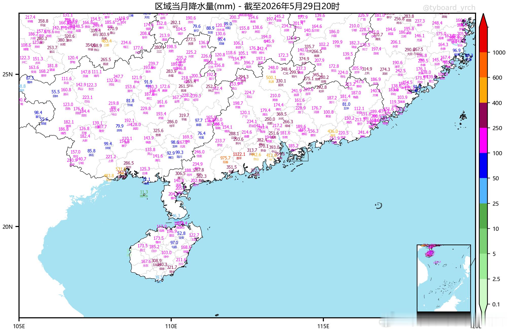 广西天气2026年5月1-27日，广西各地降水量11.3～531.8毫米，与常年