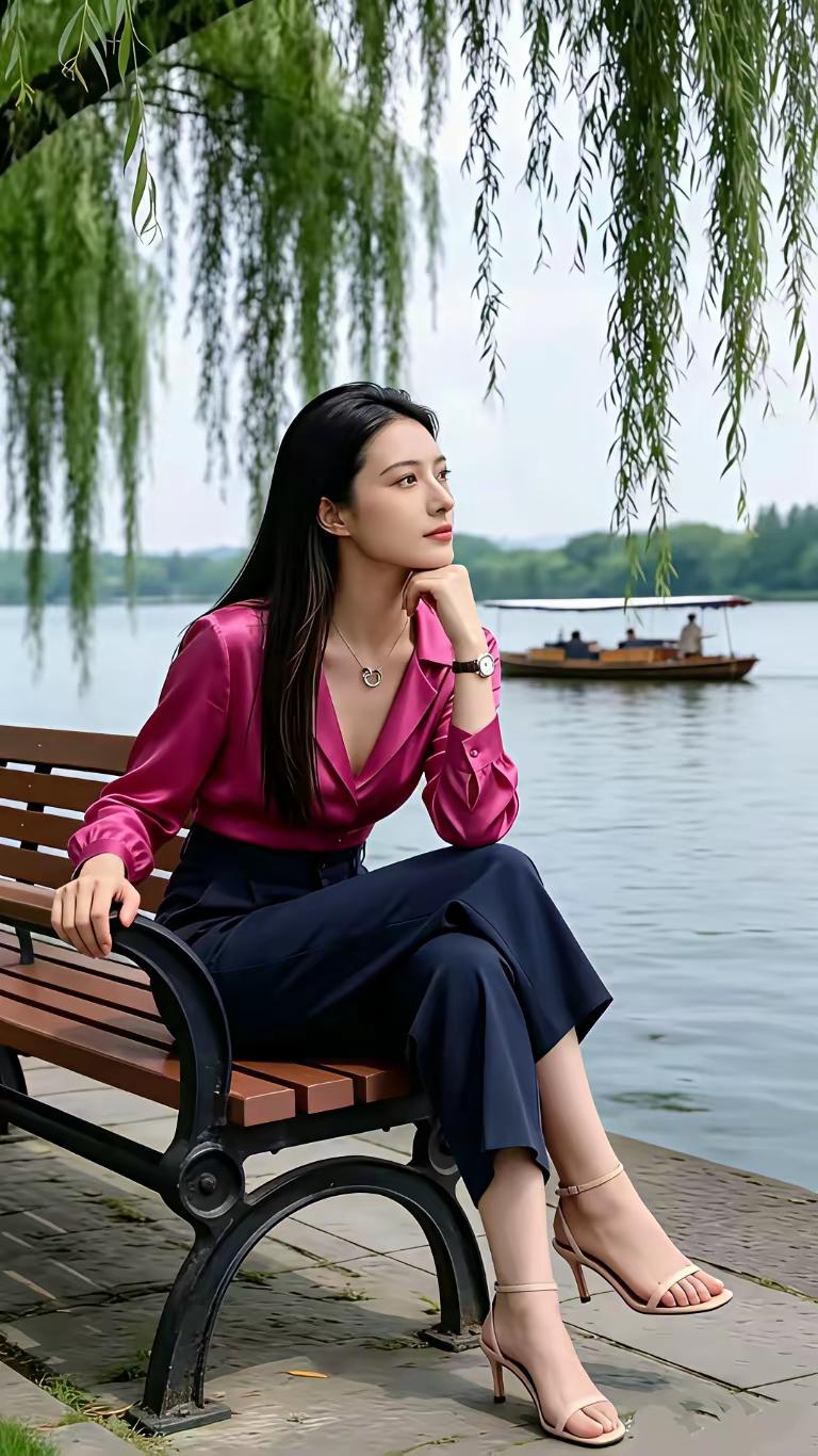 湖畔静坐，粉裙飘逸，悠然自得。