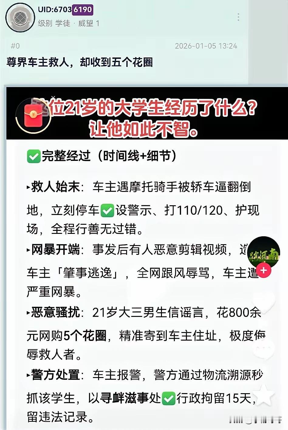 现在全网最后悔的男人就是那位21岁大三学生了吧！不是因为冲动送了5个花圈被拘