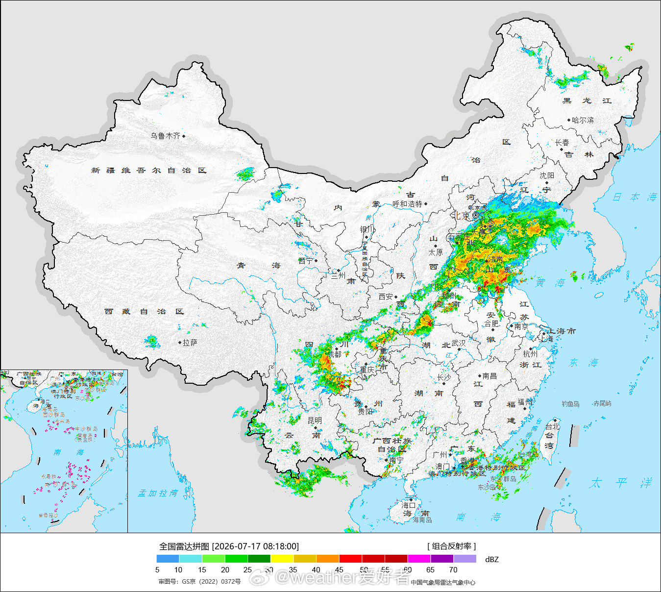 气象观察团目前，副热带高压边缘的降雨带非常明显，四川盆地黄淮华北南部都有明