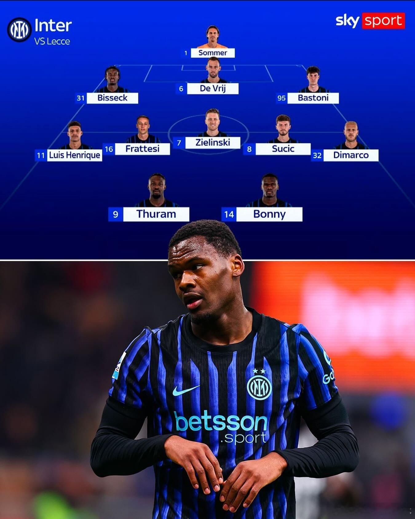 天空体育预测国际米兰首发阵容，泽林斯基和弗拉泰西首发，博尼和图拉姆搭档锋线，阿坎