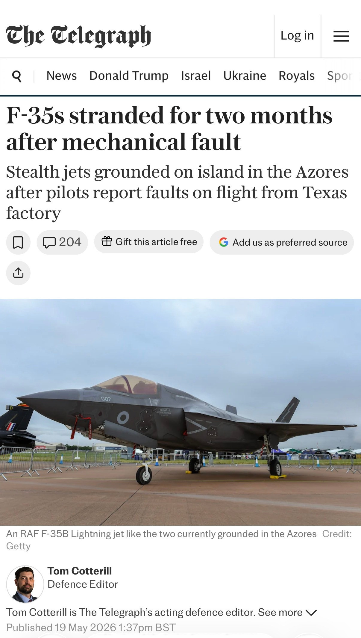 🔻英国电讯报说，两架英国皇家空军的F-35B战斗机在从洛克希德·马丁公司位