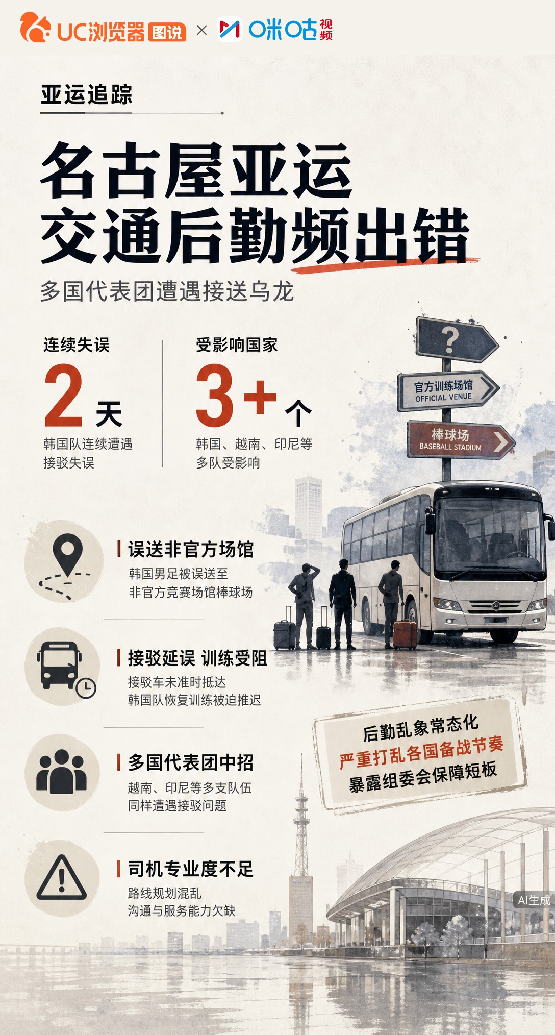 名古屋亚运交通接连出乌龙！韩国男足被误送棒球场，训练被迫推迟；越南、印尼等队也遇接驳混乱。司机不熟路