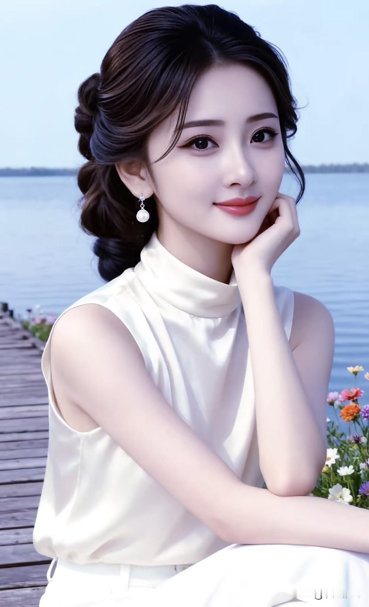 湖畔美人倚，花影映清辉。水光花影照湖边美人景湖畔气质照湖边美人景湖畔气质