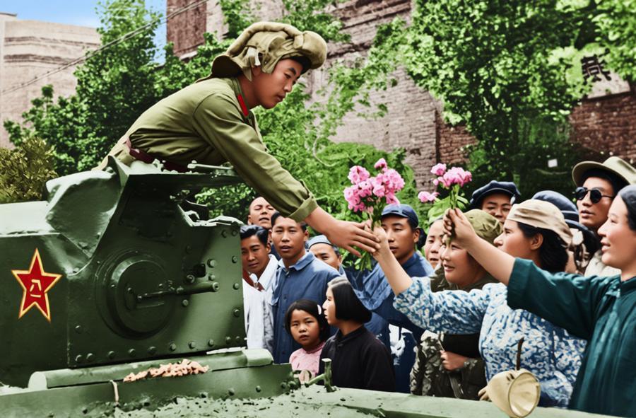 1949年9月26日，新疆和平解放，解放军抵达迪化（今乌鲁木齐市）时的欢迎场景。