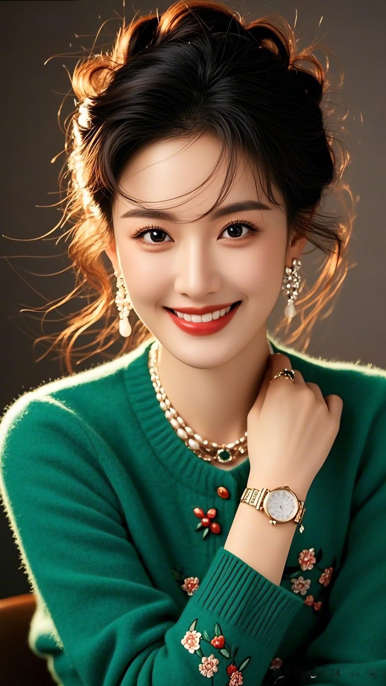 甜美笑容，绿衣少女，优雅珠宝，时尚穿搭。你喜欢哪一种气质的美人?