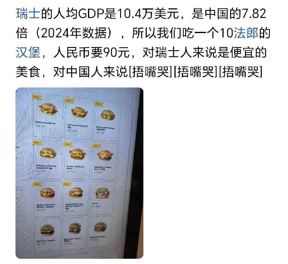 瑞士吃一个10法郎的汉堡，难道就比在中国吃一个10人民币的汉堡，更有幸福感吗？