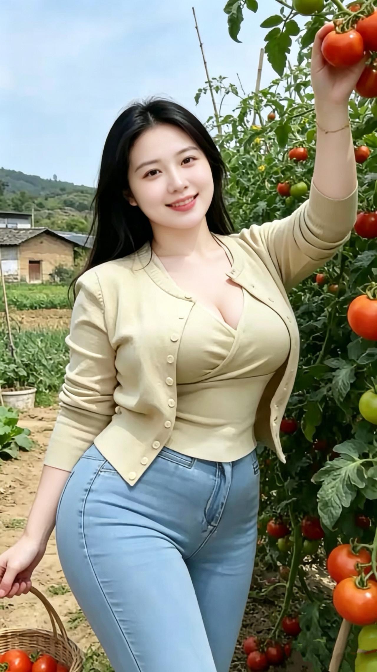 菜园拾撷翠蔓牵云覆垄长，素衫轻趁野风香。纤手撷来丹色小，笑涡融尽午时光。