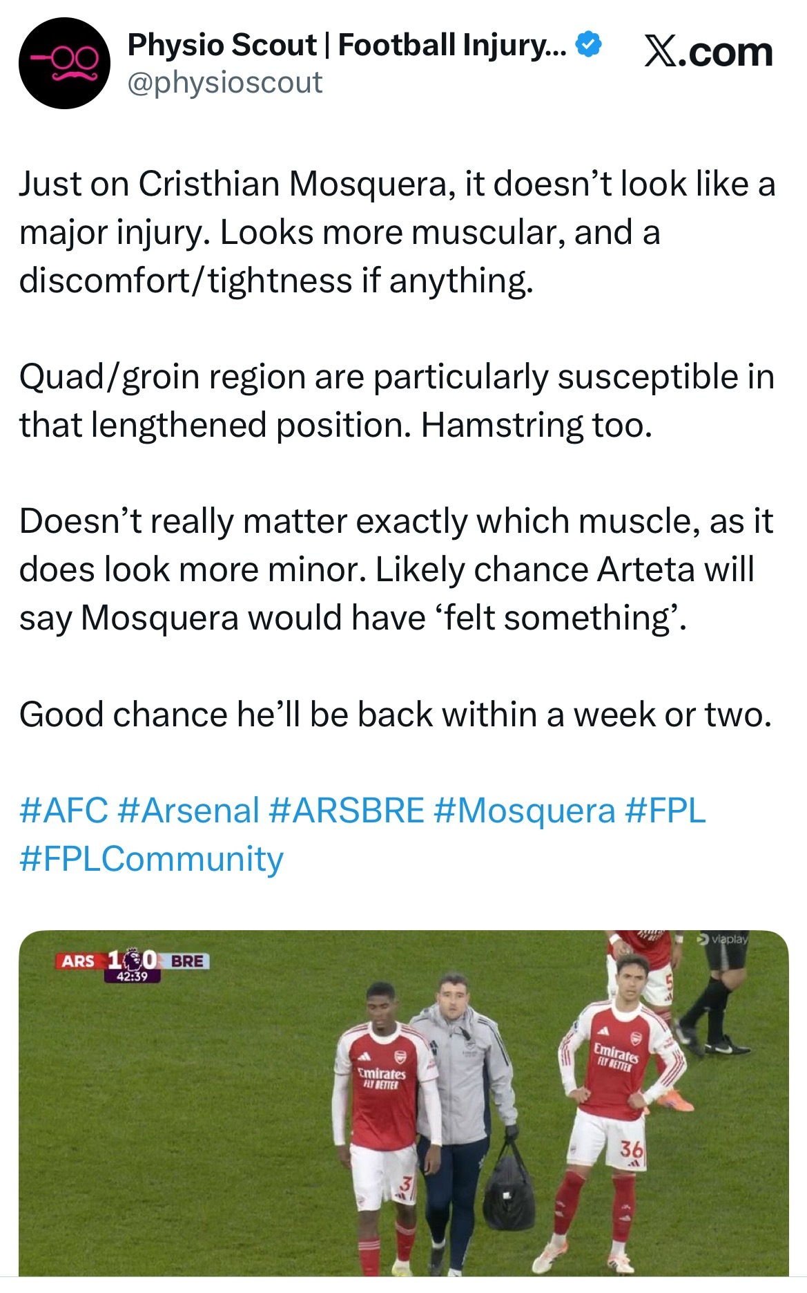 PSFI（球员伤病分析大神）关于阿森纳球员莫斯克拉的伤情分析：仅就莫斯克拉的情况