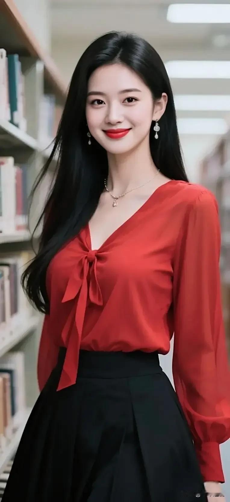 红衫衬黑发，自信自带光芒美女穿搭照红礼服美女玫瑰红装美女