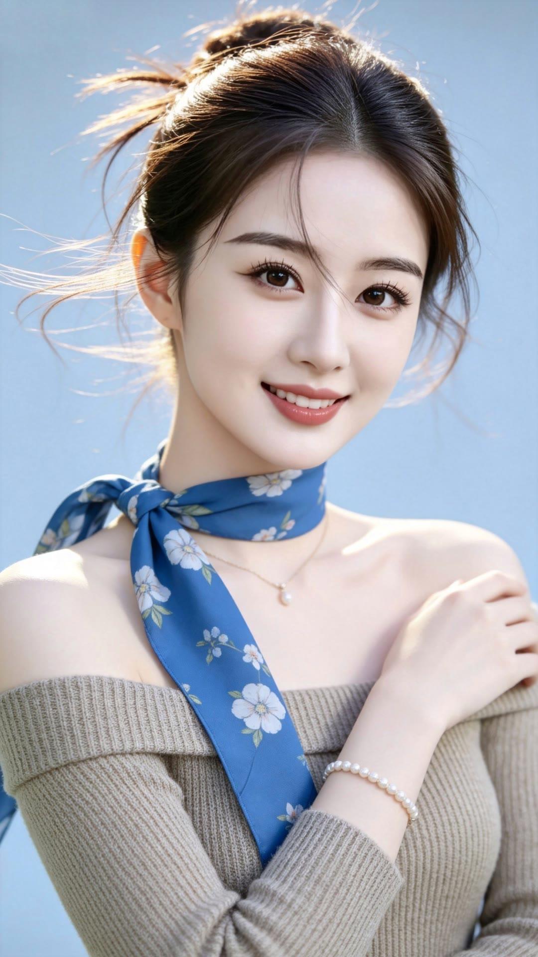 元气少女风，温柔笑容，蓝花围巾，甜美可人！🌸💖