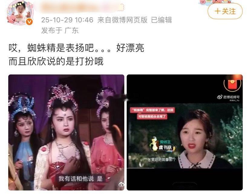 虞书欣粉丝开始洗蜘蛛精了，说是表扬，这群粉丝也真是没救了，问过张昊玥么[微笑]