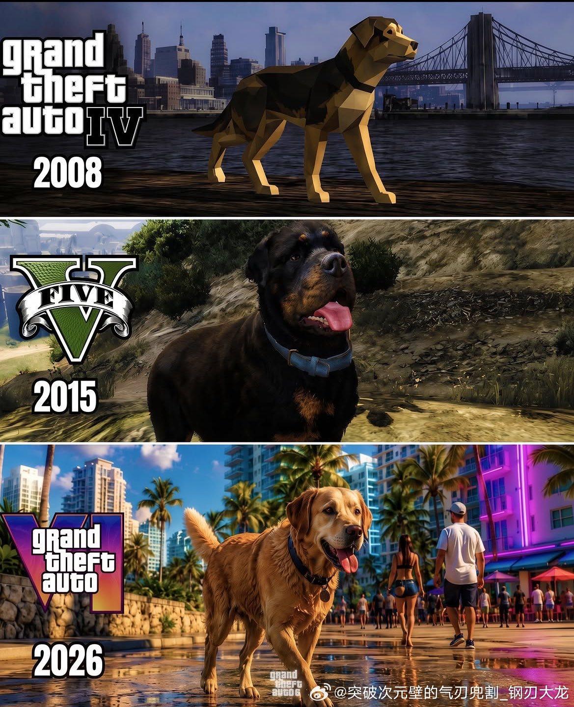 游戏GTA6GTA6细节gtaGTA系列的三作狗狗对比~！这个……应该是真的吧~！？（疑似ai制作的