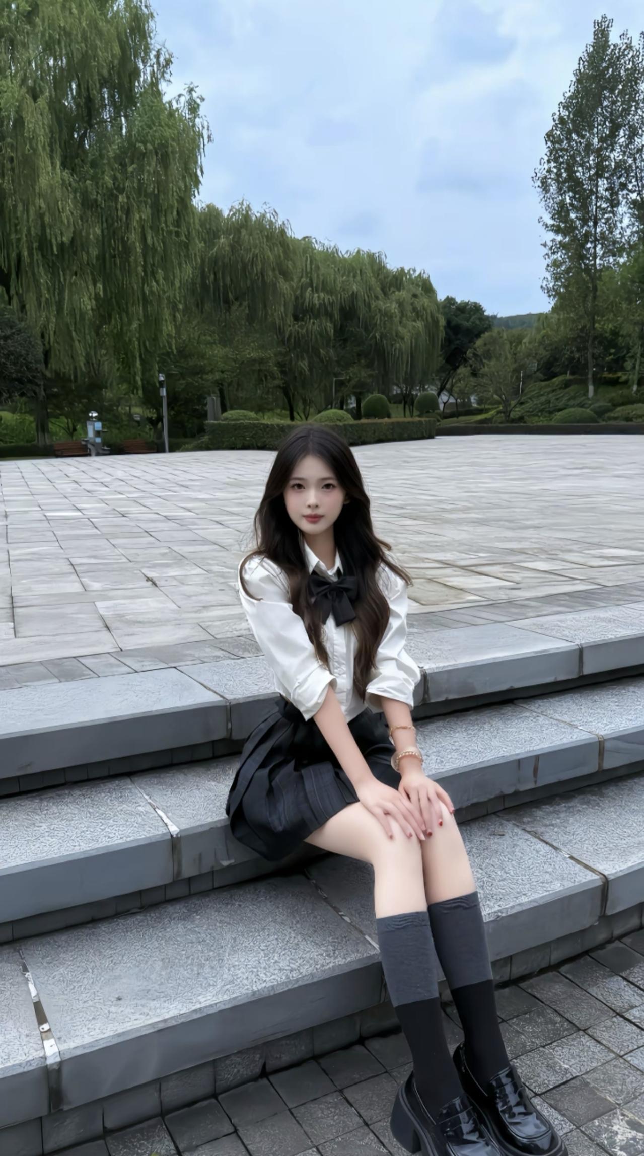 白衬衫和黑领结落在石阶上，连空气都裹着点青春的甜。