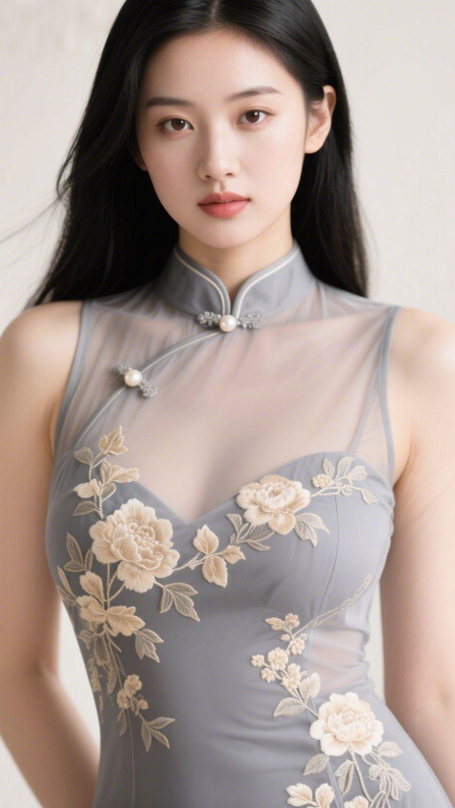 烟绣闲庭灰纱似浸了晨雾的云，轻覆在襟间。盘扣缀的珍珠，是檐角垂落的露，落在