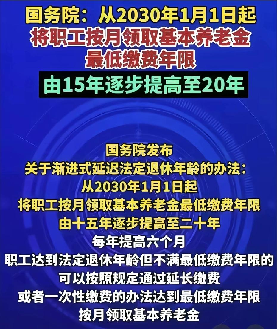 养老保险最低缴费年限要变了！以前交满15年就能领养老金，以后得交20年。具体