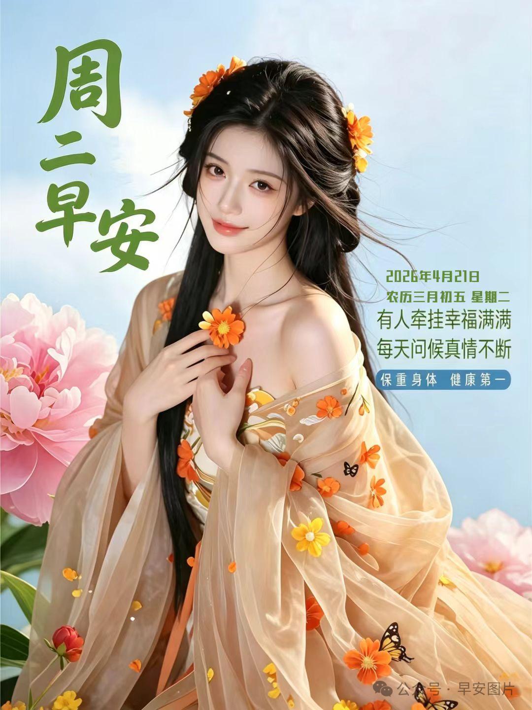 周二清晨打开门，五福临门喜盈门。晨操轻，筋骨活，身健不怕岁月磨。心放宽，笑常在，