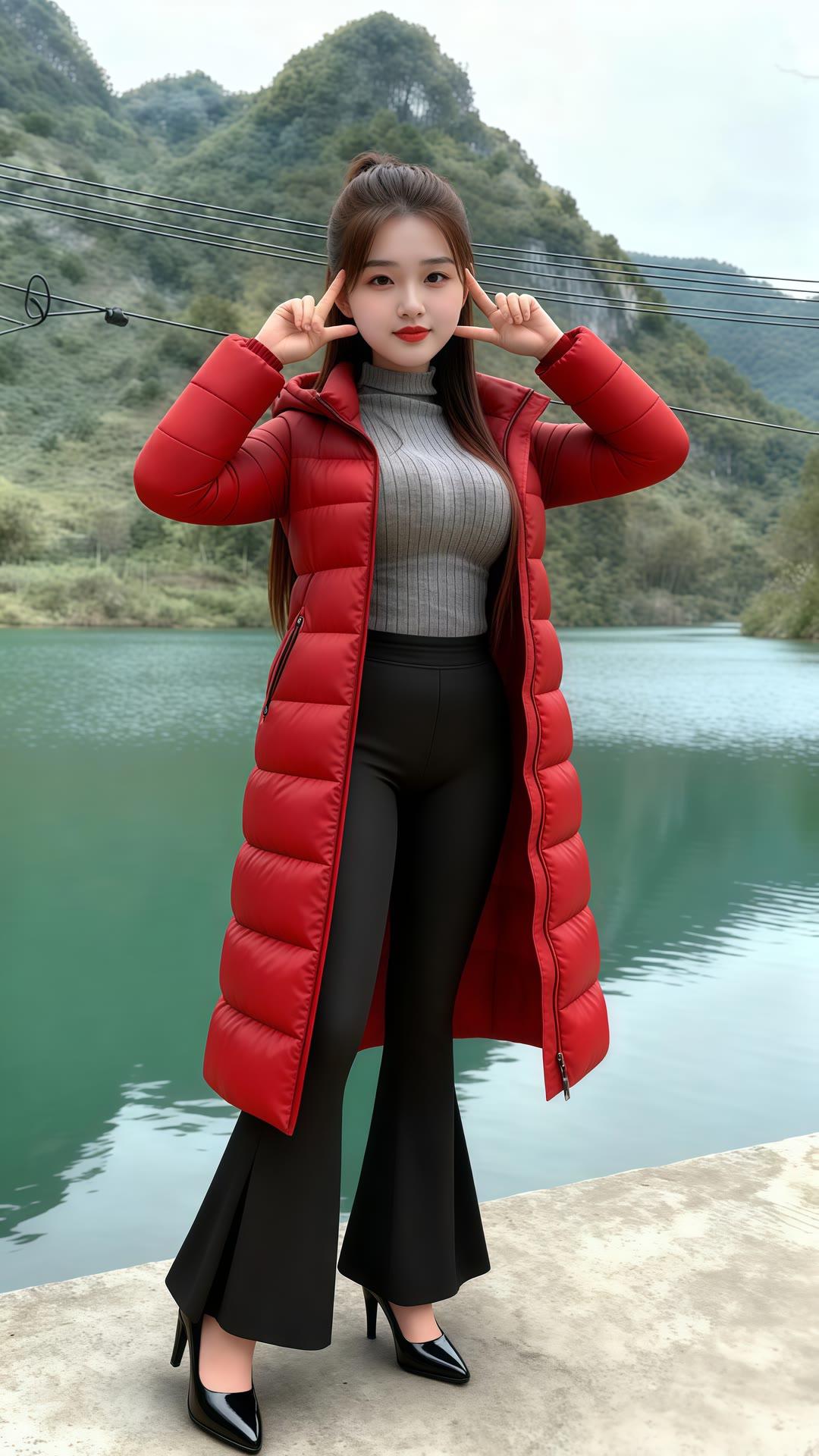 冬日穿搭指南：红色羽绒服+黑色高腰裤，时尚又保暖！🌟👗👠