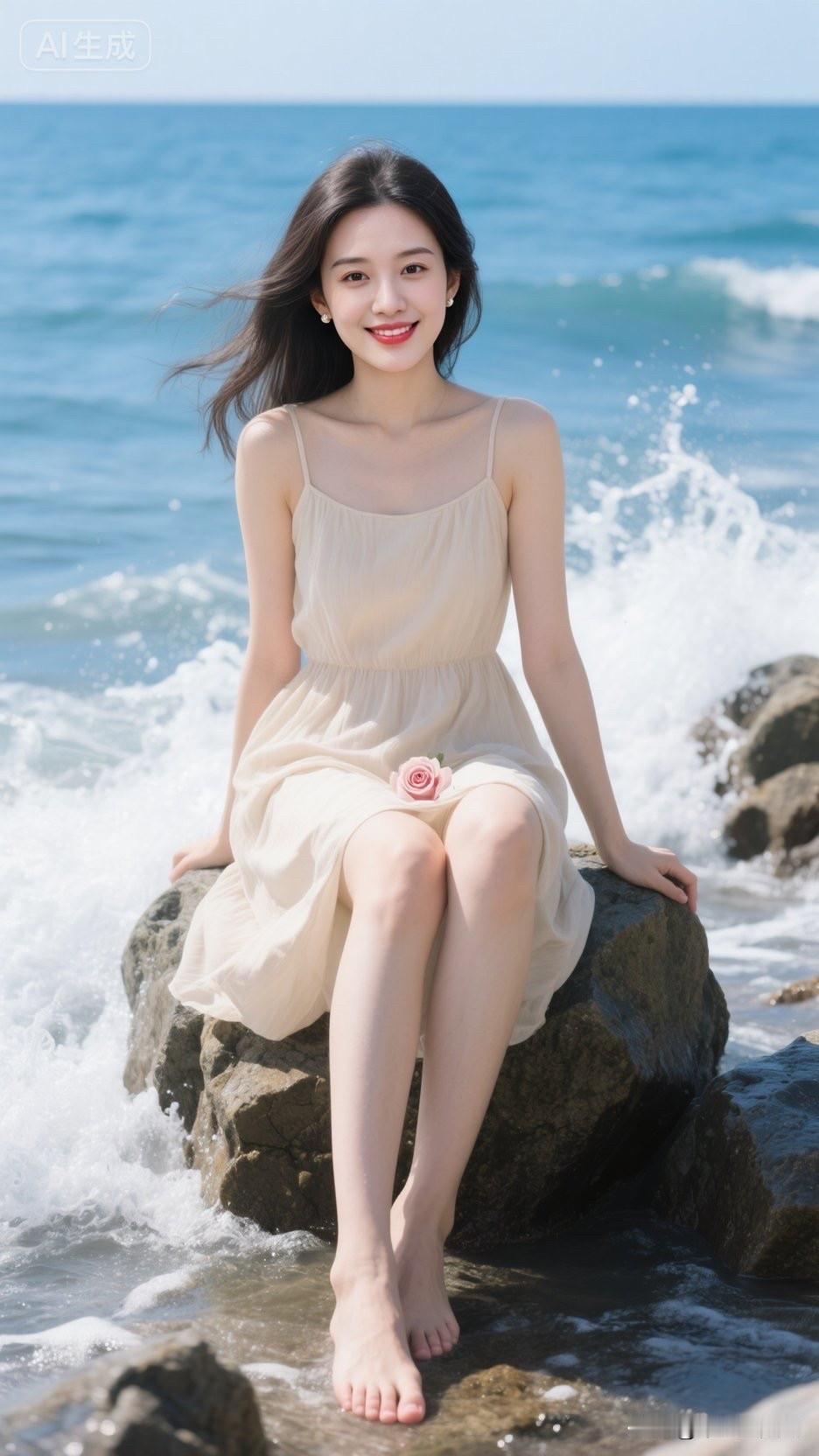 海边姑娘微笑看海浪。