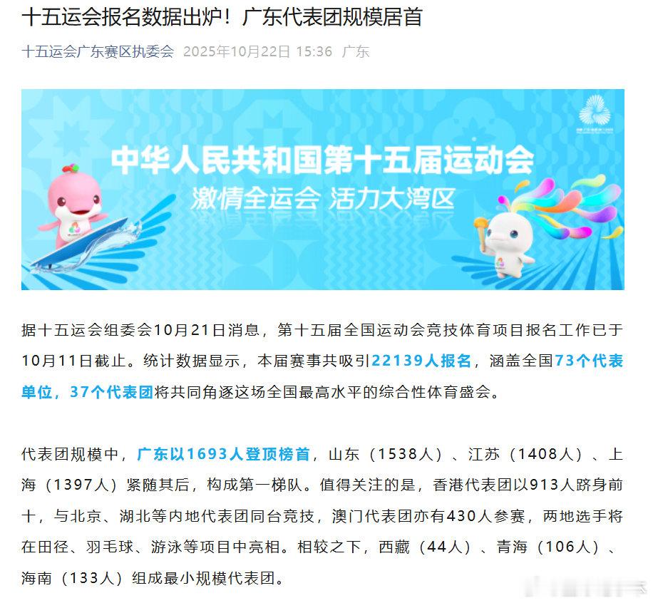 广东代表团十五运规模居首第十五届全国运动会竞技项目报名数据公布，22139人、7