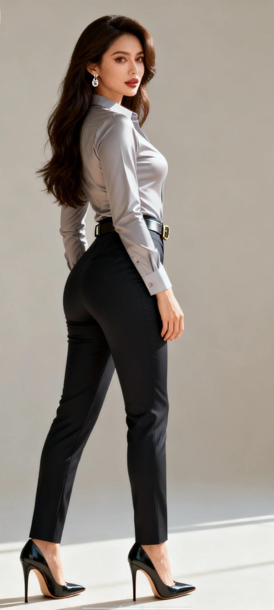 模特的曼妙身材，摄影怎么表现现代美学美女，深棕色长发，精致妆容，耳环，紧身衬衣，