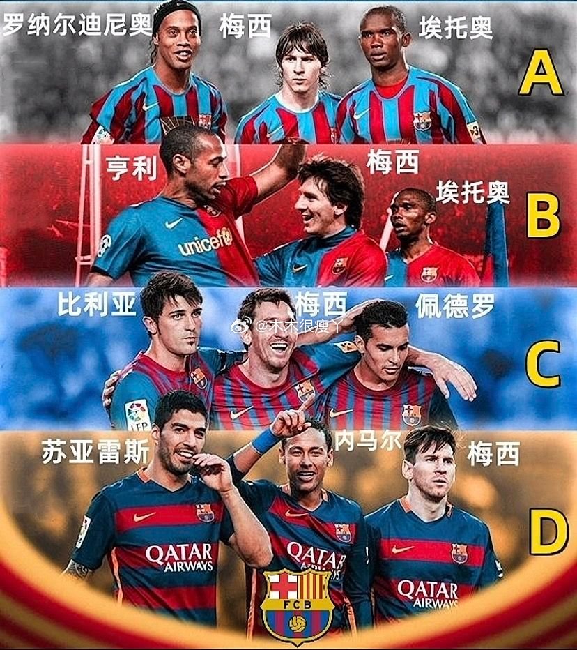 梅西当年在巴萨的这四个组合，你们更喜欢哪个组合？A组：罗纳尔迪尼奥、梅西、埃托奥B组：亨利、梅西、埃