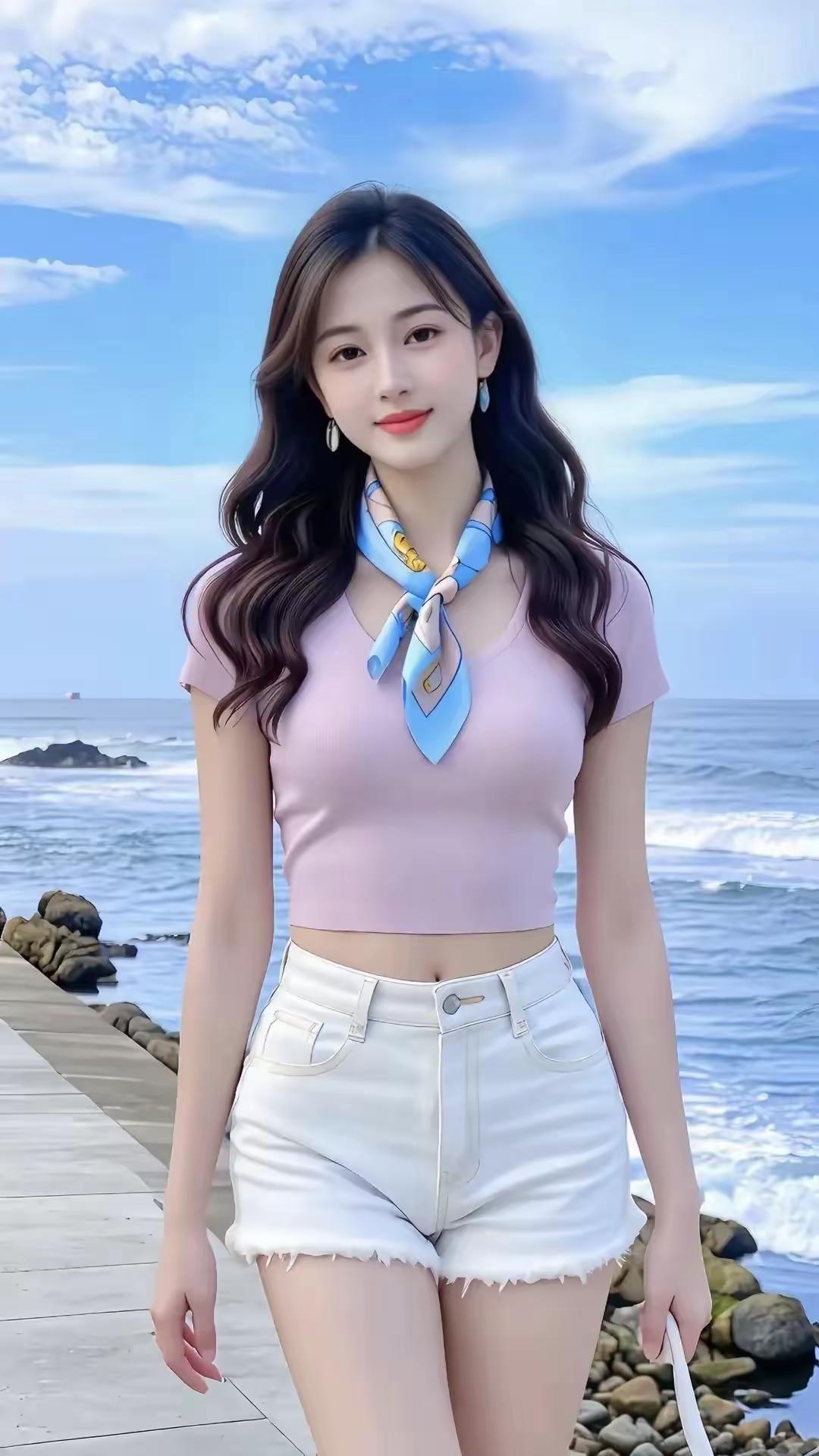 夏日海边穿搭指南：粉色短袖+白色短裤，搭配蓝色丝巾，轻松自在！🌞👗🏖️