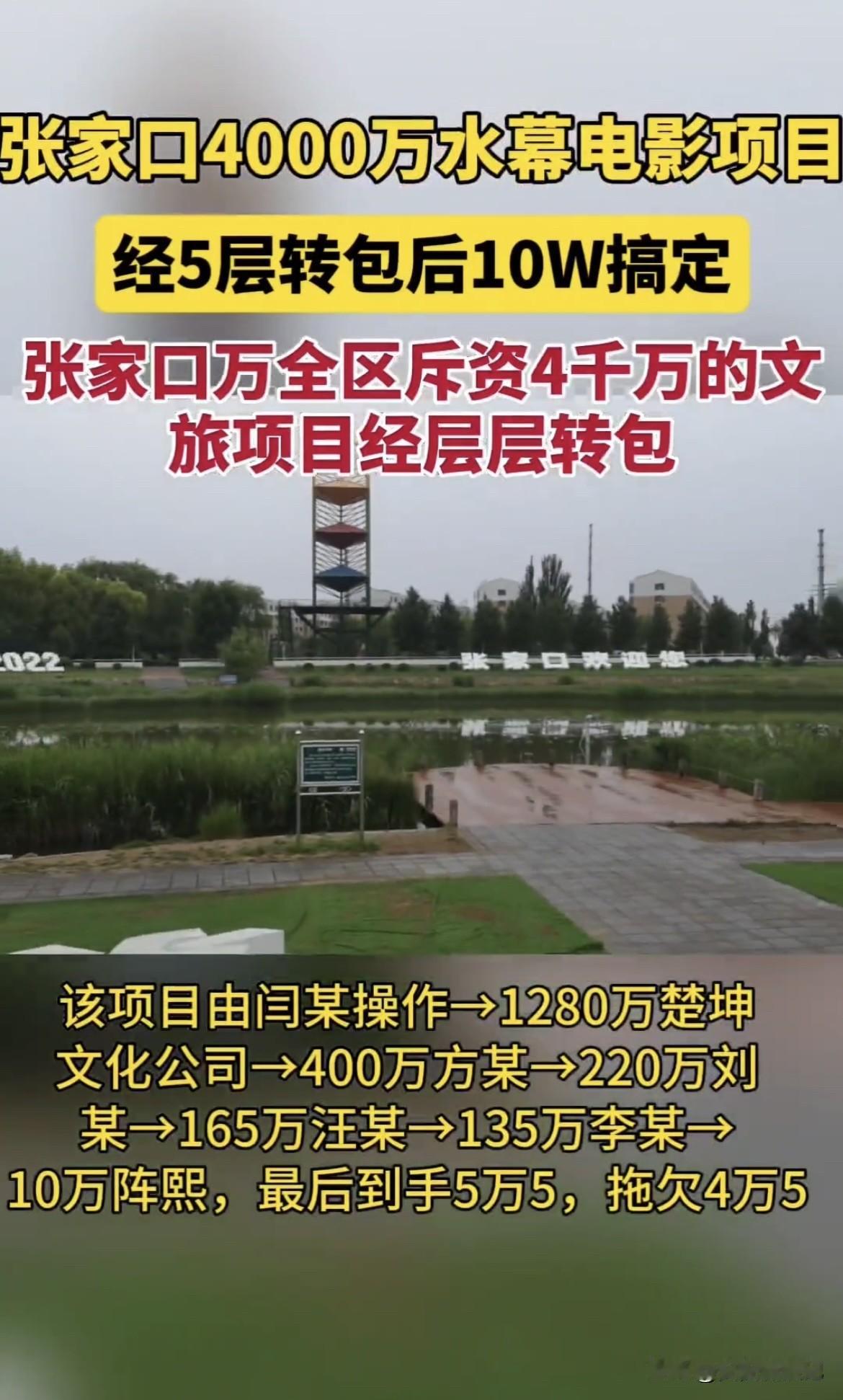 张家口这4000万的水幕电影项目，转了5层，10万搞定？转包得太离谱了。原本4