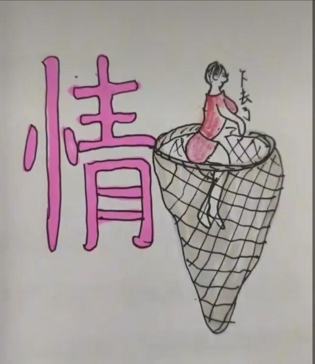 〔看图猜成语〕图中画面真精彩；鱼网里面有美人；旁边还有汉字情；谐音猜个成