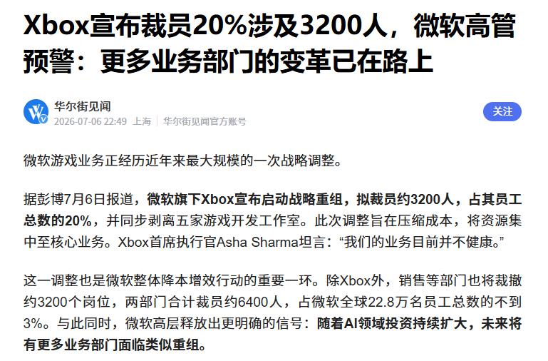 3200人被裁！Xbox迎史上最大重组 据了解，近日Xbox团队官宣战略