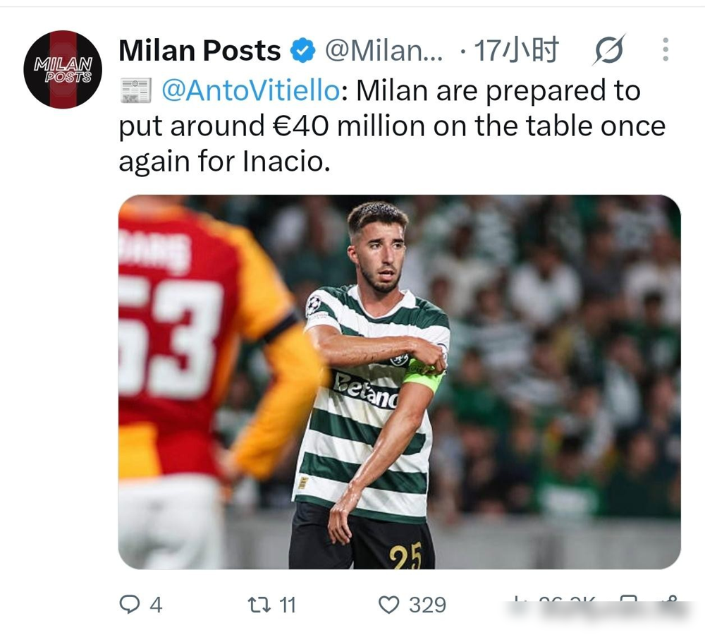 6000万的违约金，AC米兰反手只给4000万，这哪是买人，这分明是趁火打劫。伊纳西奥这小伙子，夏天