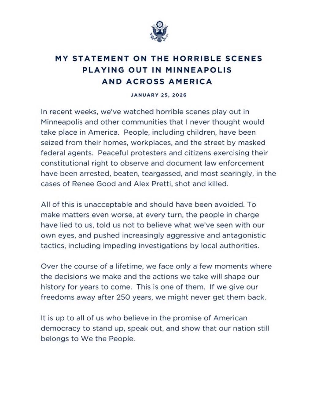 美国前前总统克林顿发表《我关于明尼阿波利斯及全美发生可怕事件的声明》：最近几