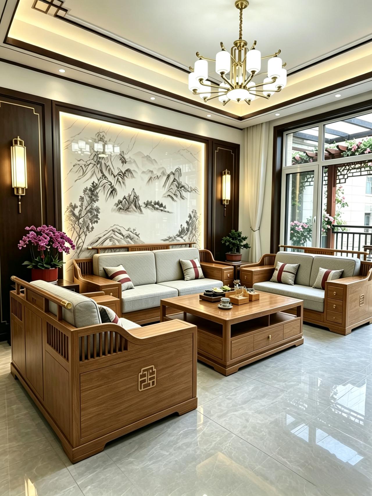 装修没搞那些花里胡哨的，就简简单单装了个新中式。挑了好久才选到这款浅木色沙发，