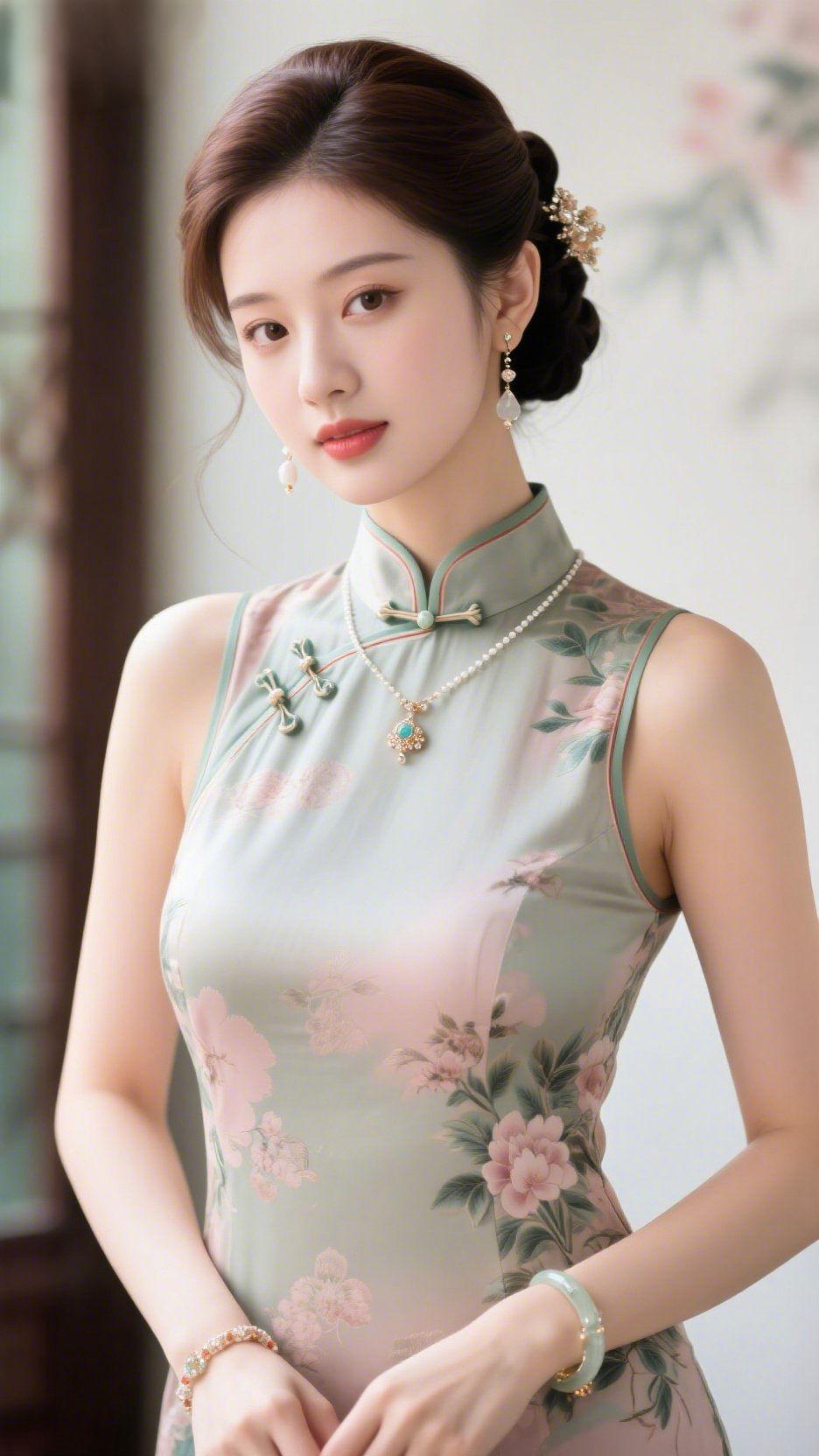 旗袍裹着浅春柔淡青旗袍浸在软光里，襟上盘扣轻系着领口，珠链坠着的翠饰晕开温