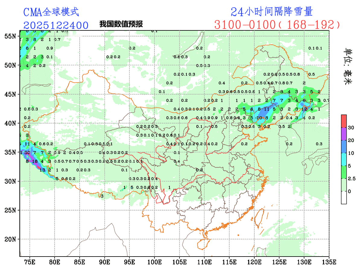 【看图说话】目前数值预报对12月31日晚-1月3日晨，报出中东部地区可能出现降雪
