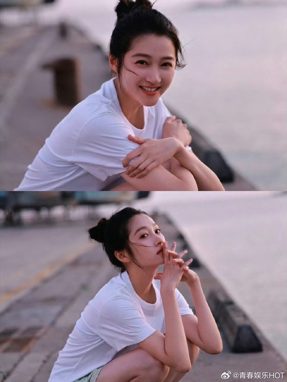 被关晓彤的夕阳照戳中！简单白T在晚霞滤镜下自带柔光，海浪和落日同框，每一帧都像电