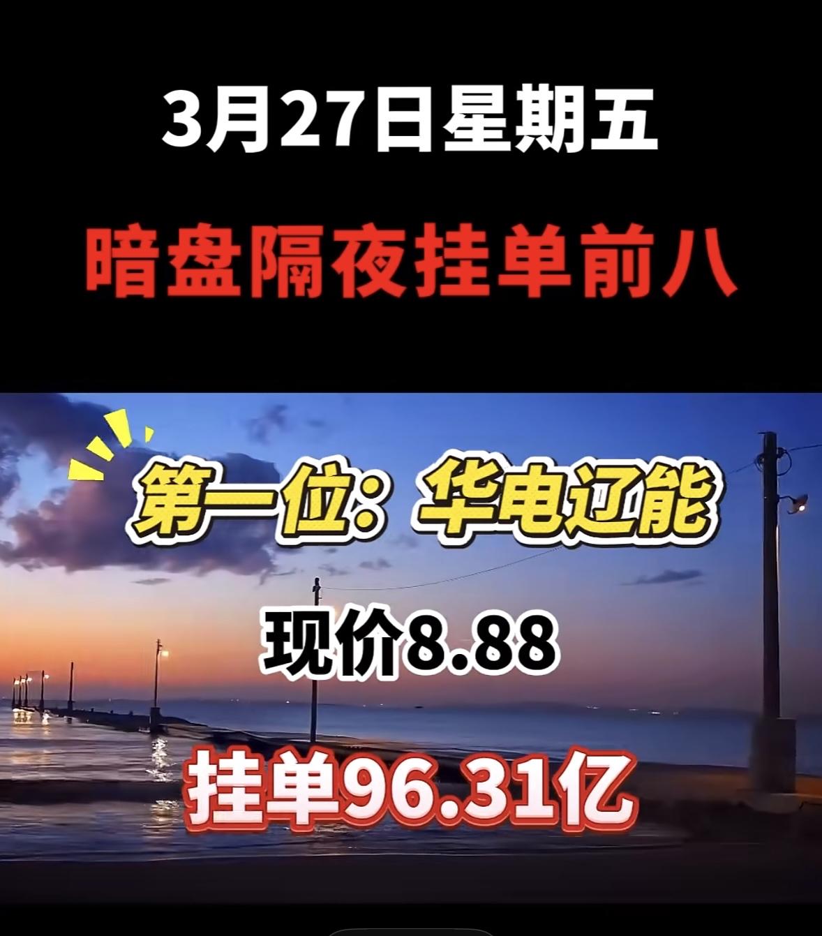 3月27日暗盘隔夜挂单排行榜揭晓豫能控股在暗盘隔夜挂单排第七，现价15.04