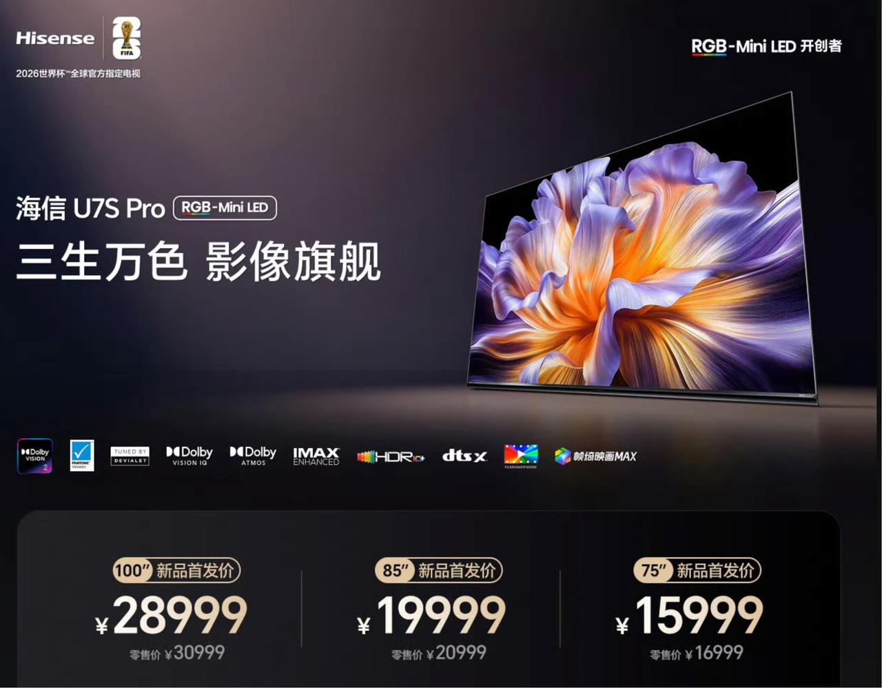 前几天发布的海信U7SProRGB-MiniLED电视，价格公布了：7