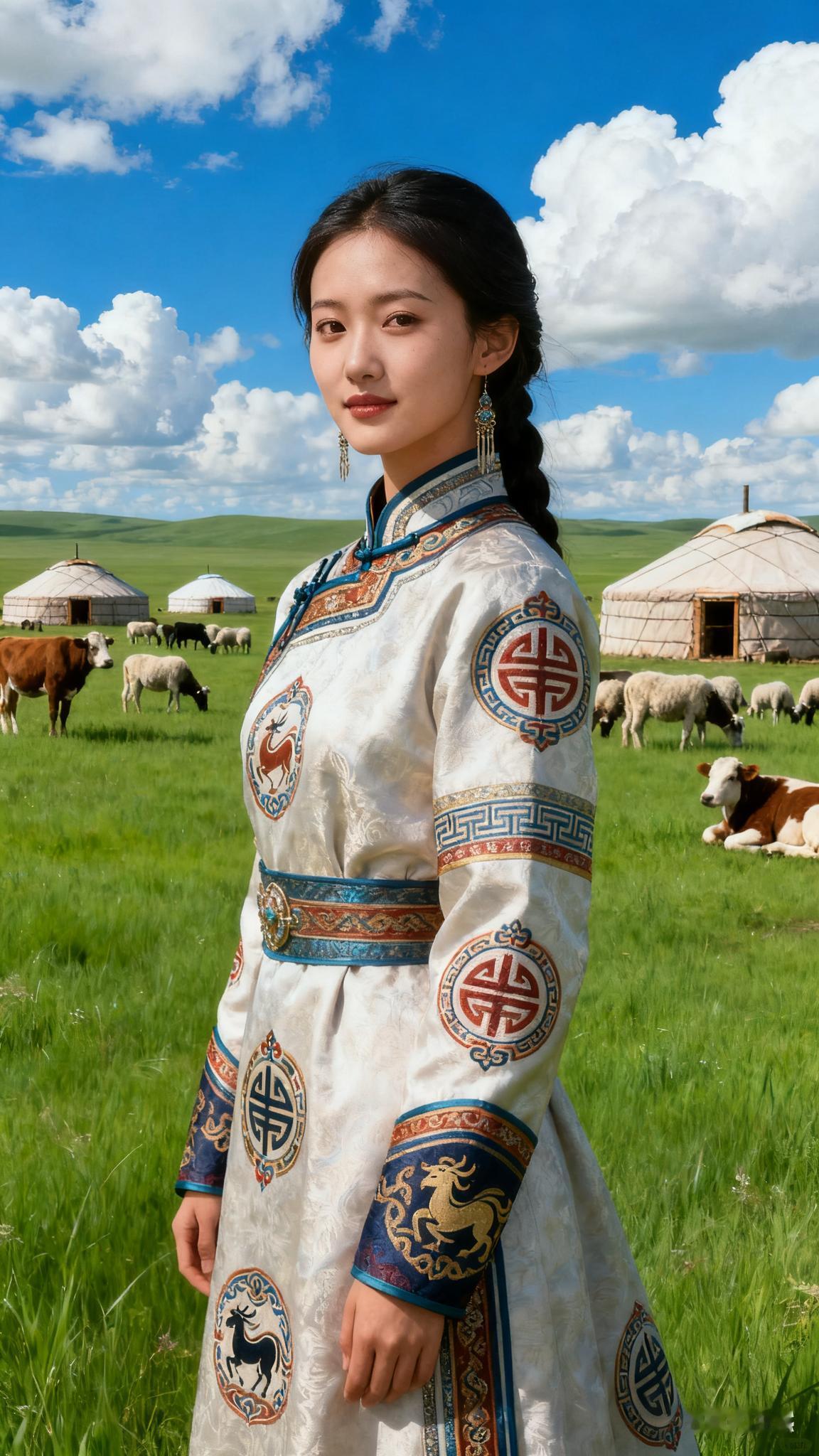 蒙古姑娘着图腾纹样蒙古袍亭亭玉立，眉眼如画，袍上刺绣精致如织。碧草如茵，牛羊散落
