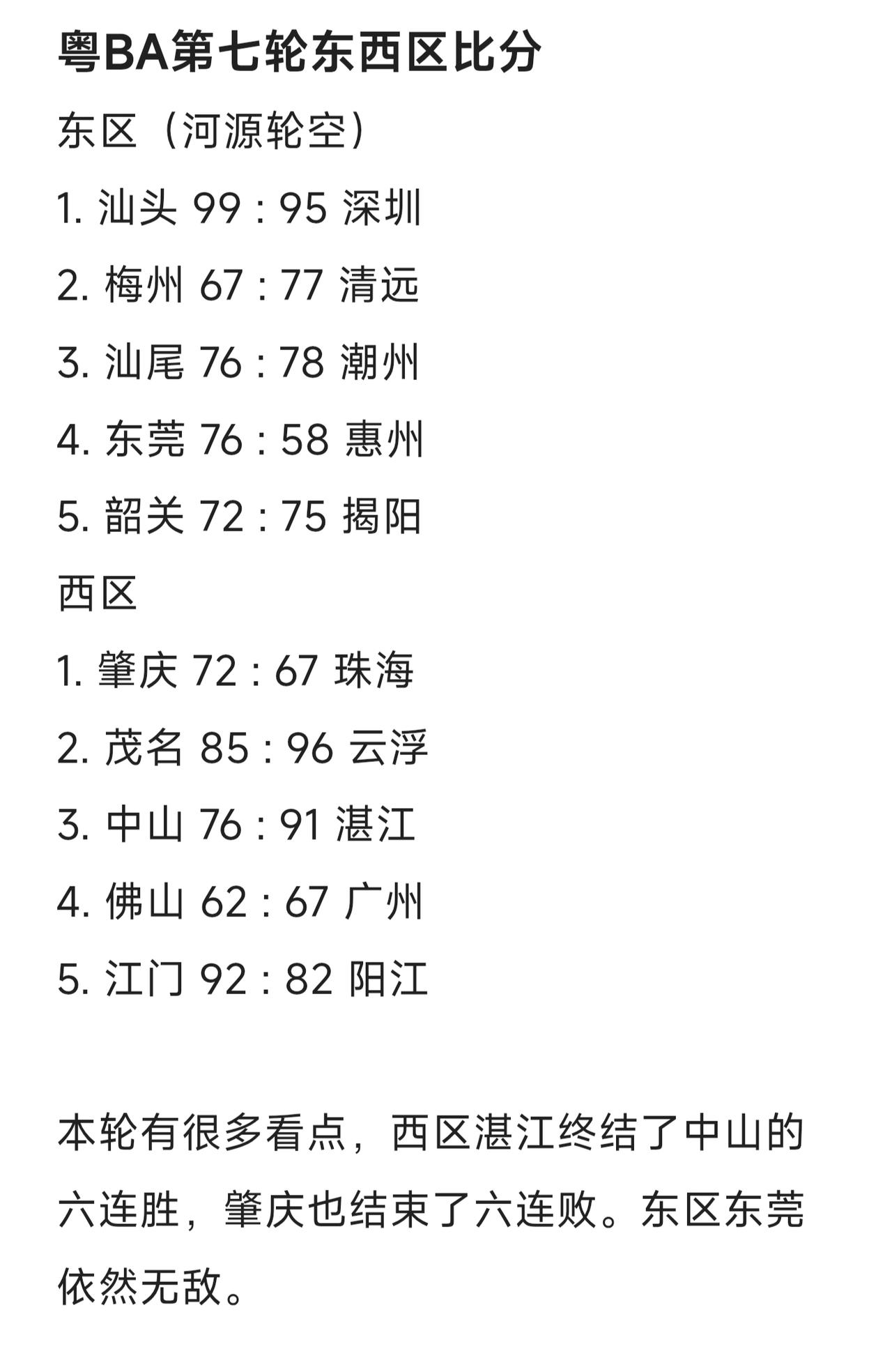 粤BA第七轮东西区比分更新，本轮有很多看点，西区湛江终结了中山的六连胜，肇庆也结