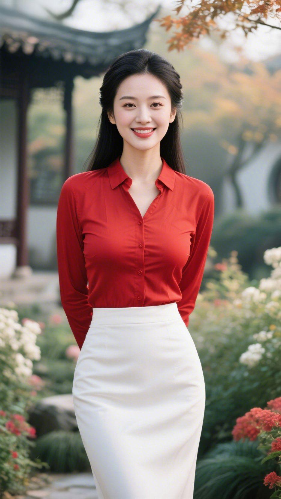 秋园静赏好时光秋日园林静谧雅致，飞檐与花木相映成趣。她身着红衫静立园中，与