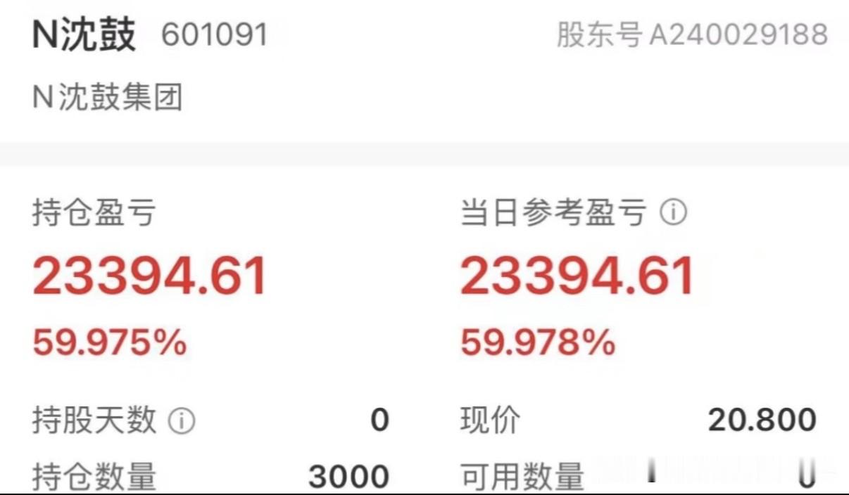 是个狠人！新股N沈鼓上市这位朋友直接进场，持仓3000股。当天账面浮盈直接干到23394.61元，收