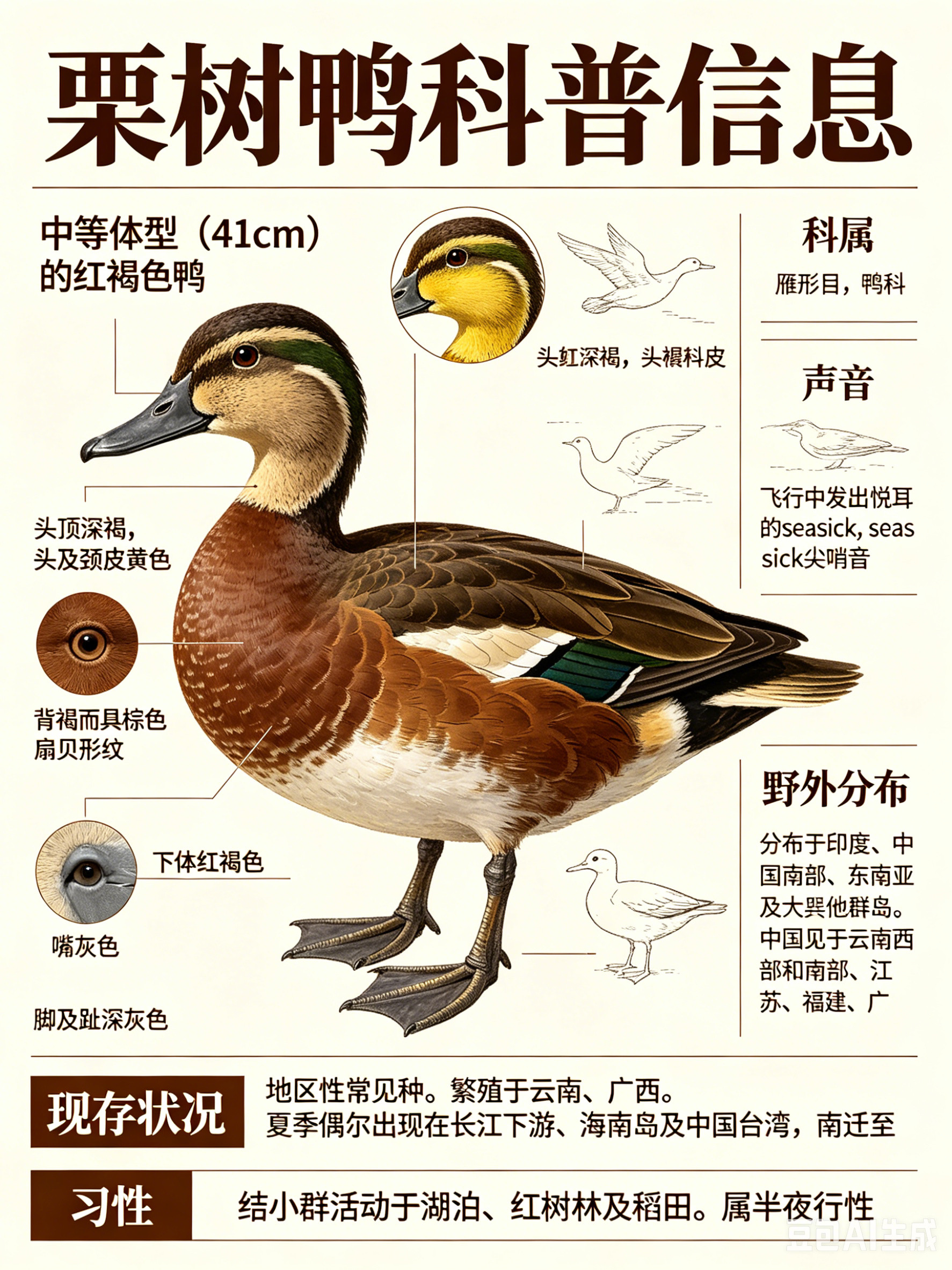 鸟类朋友图鉴栗树鸭·科属：雁形目，鸭科。·外形特征：中等体型（41cm）的红褐