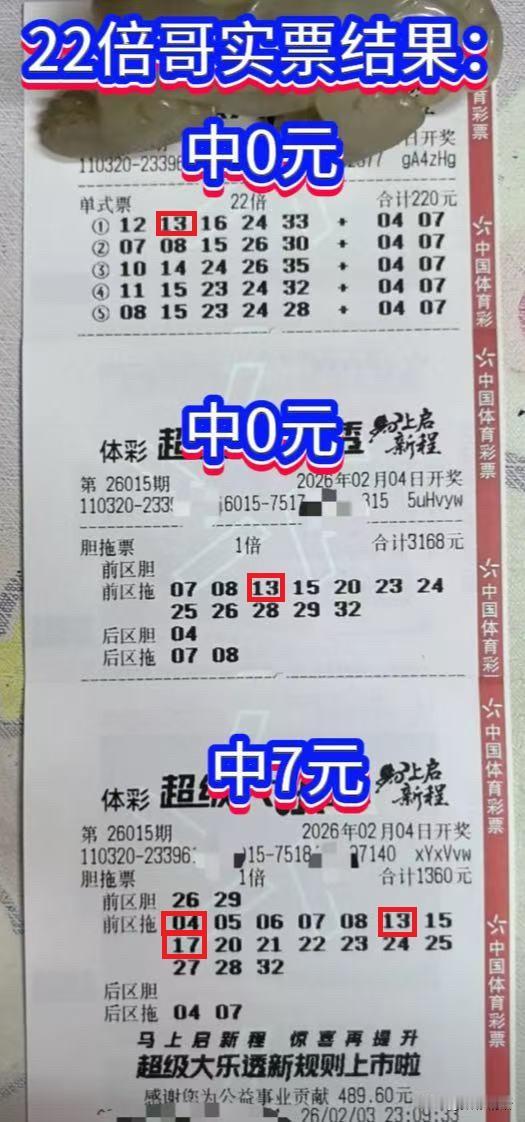 又是竹篮打水的一天，22倍哥今天又白忙活一场。来看看他今天的三张彩票：一张单式，