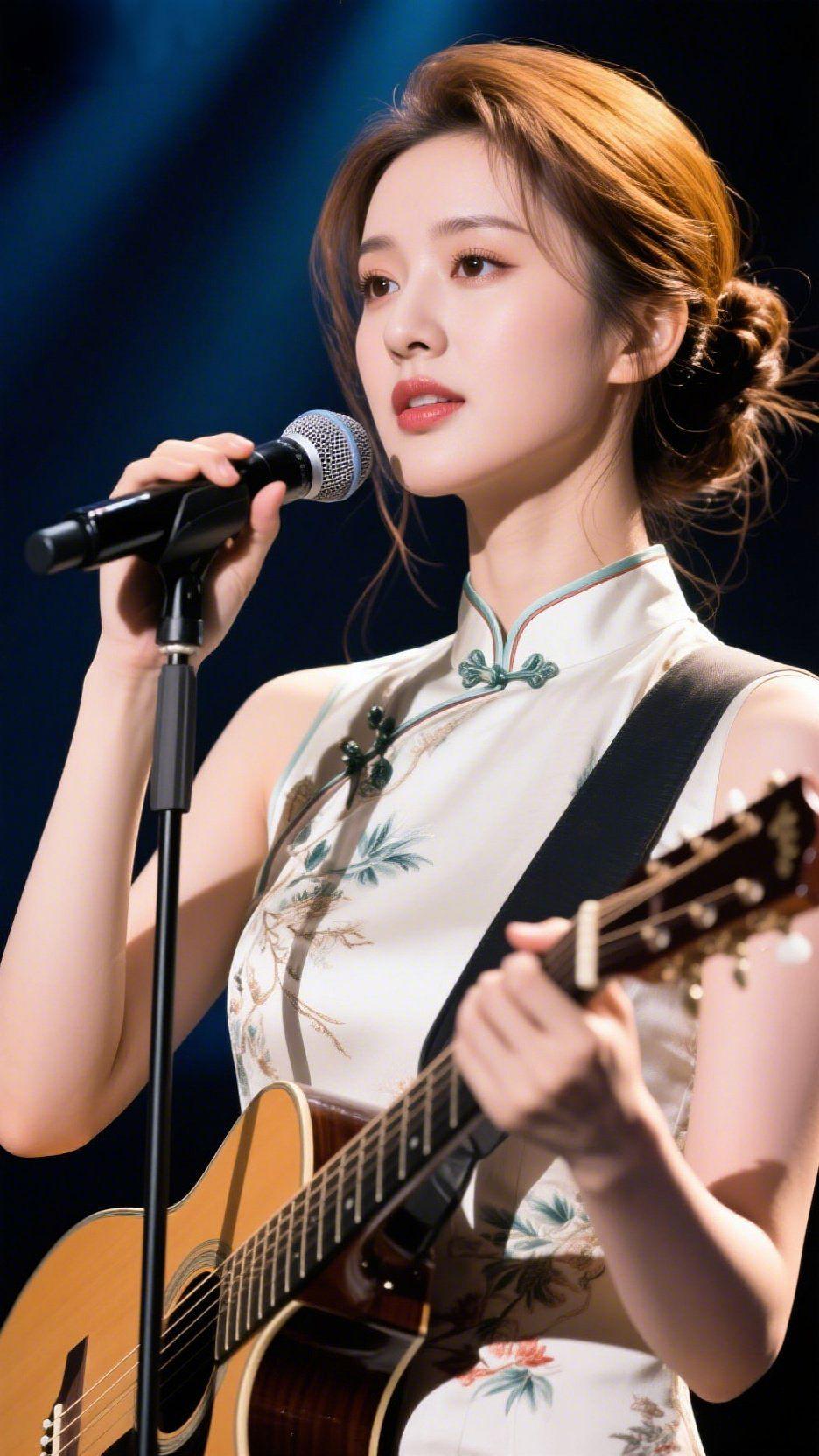 旗袍与弦靛蓝的舞台光揉碎在她旗袍的襟口，竹枝纹样随吉他弦的震颤轻晃。指尖落