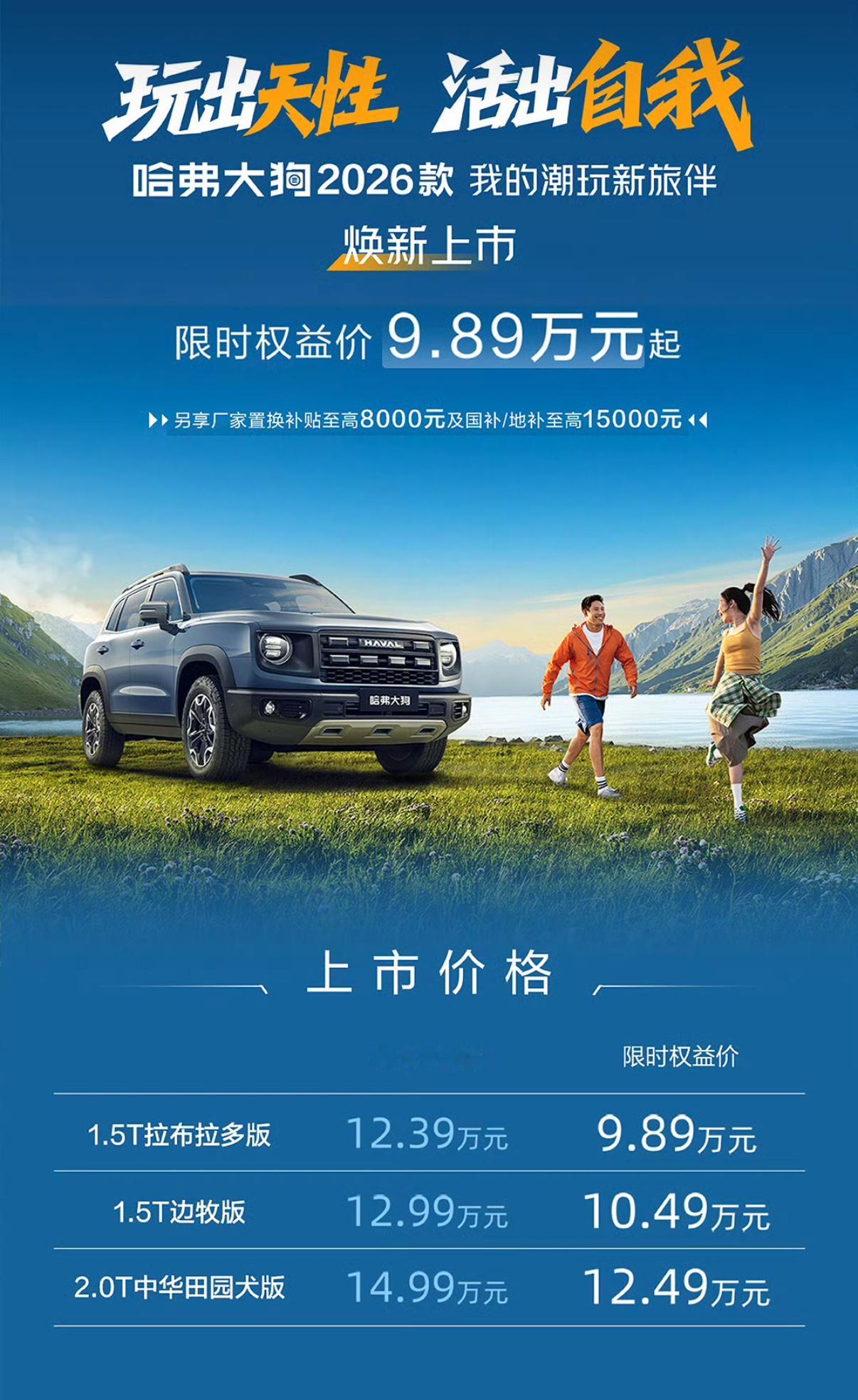 哈弗大狗2026款价格出来了，9.89万元起😳新车继续提供1.5T和